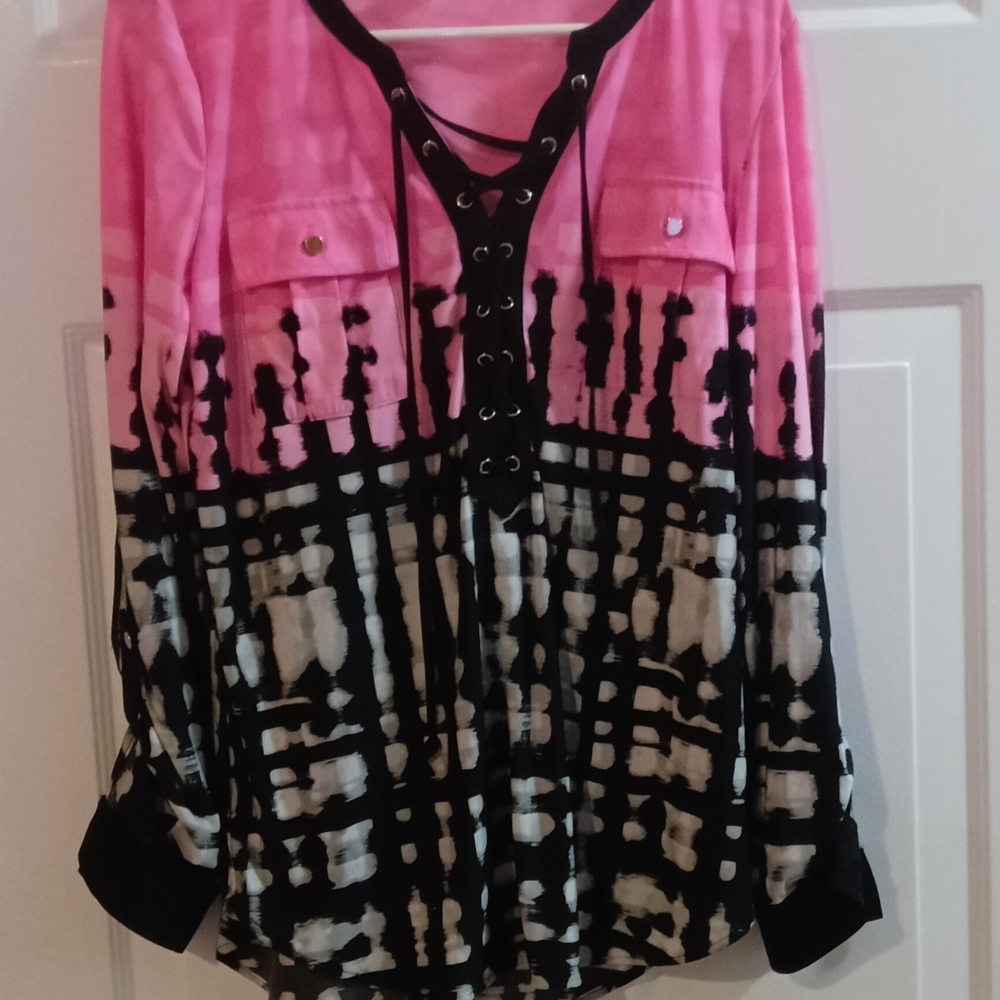 Chic Pink and Black Lace-Up Women's Blouse